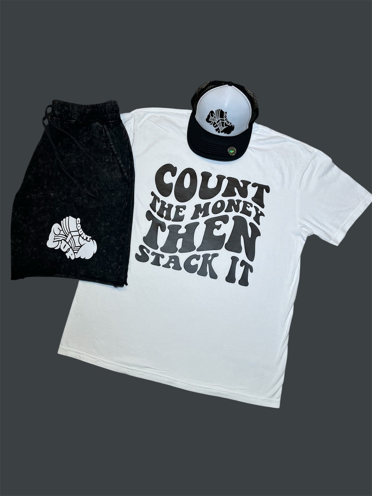 Black/White Acid Wash Short Set/Trucker Hat