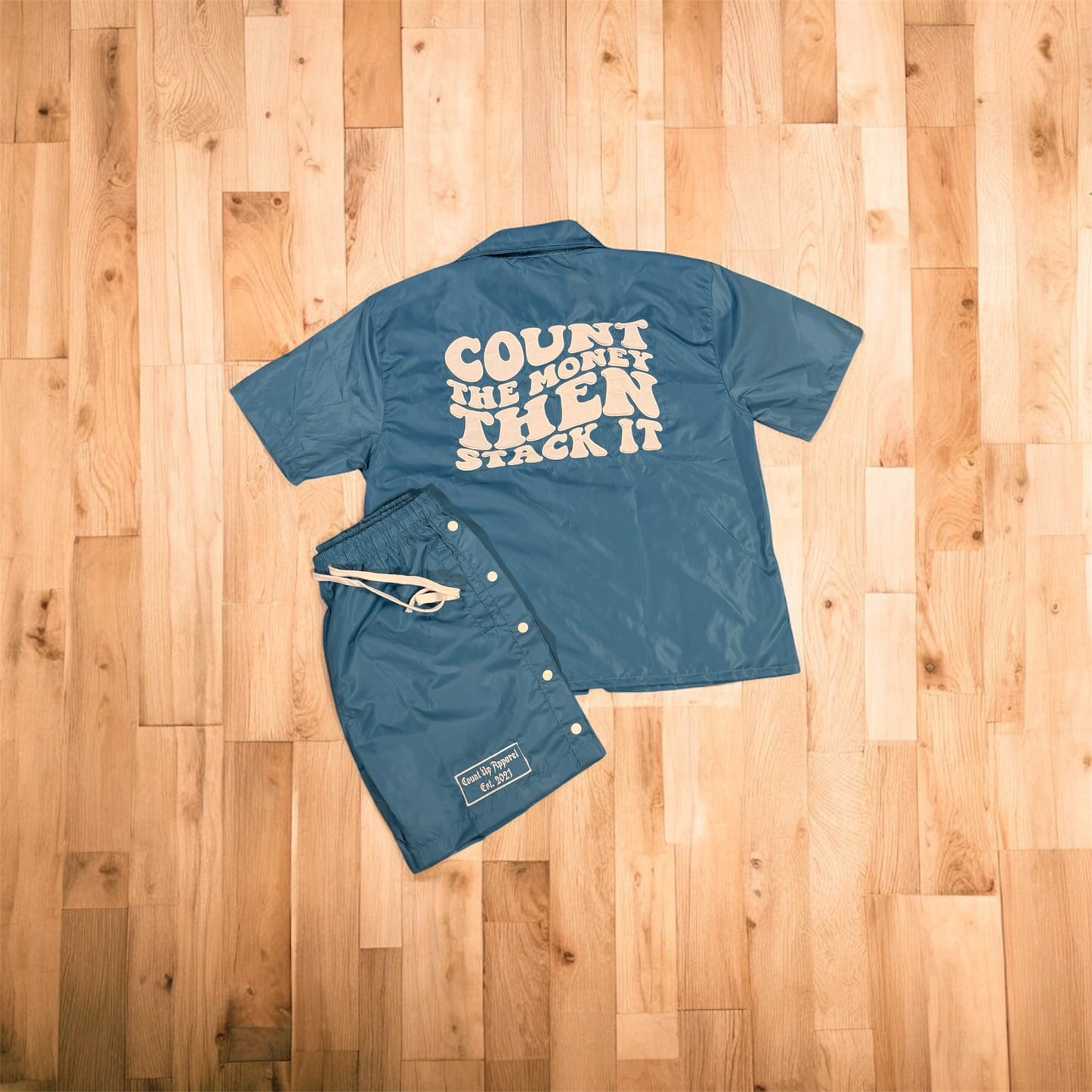 Blue&White Windbreaker Short Set