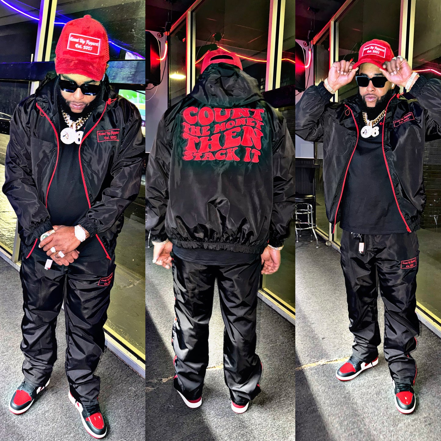 Black/Red Windbreaker Set/Beanie