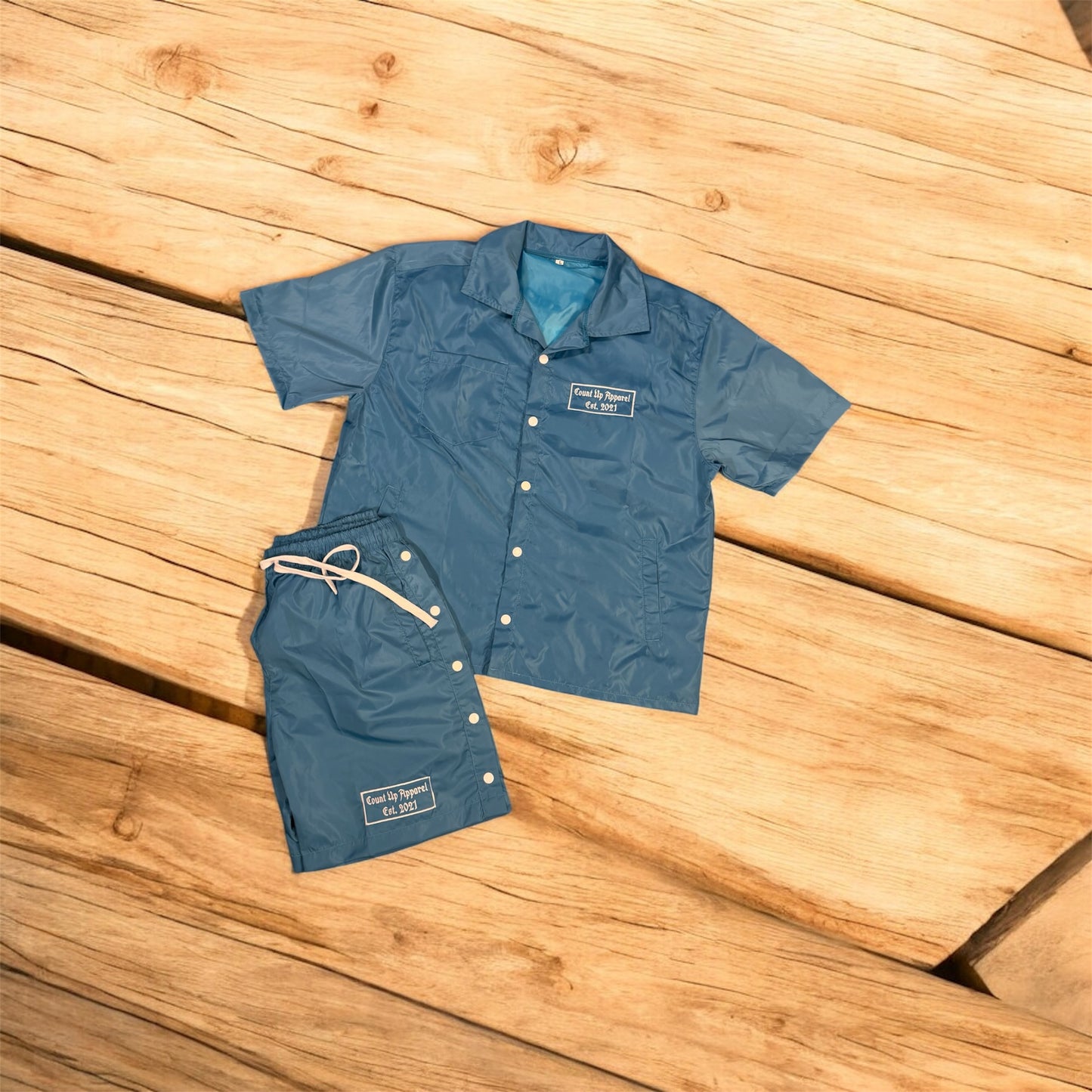 Blue&White Windbreaker Short Set