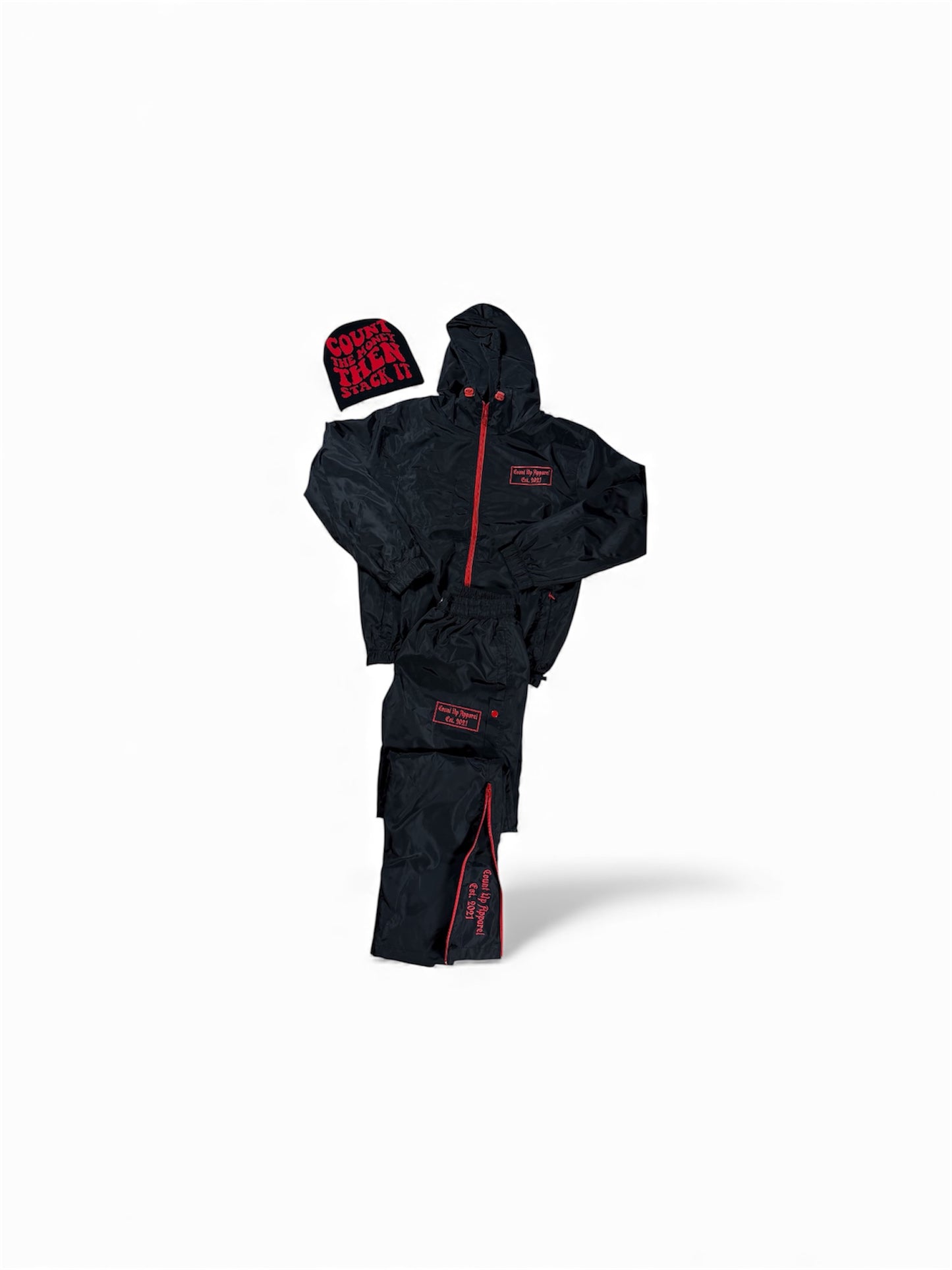 Black/Red Windbreaker Set/Beanie