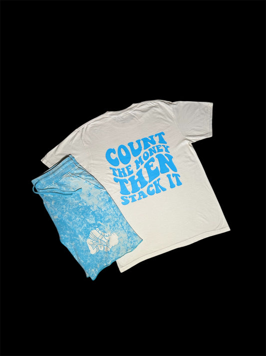 Cream/Skyblue Acid Wash Short Set