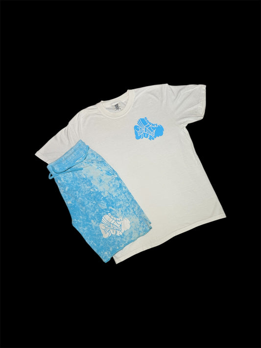 Cream/Skyblue Acid Wash Short Set