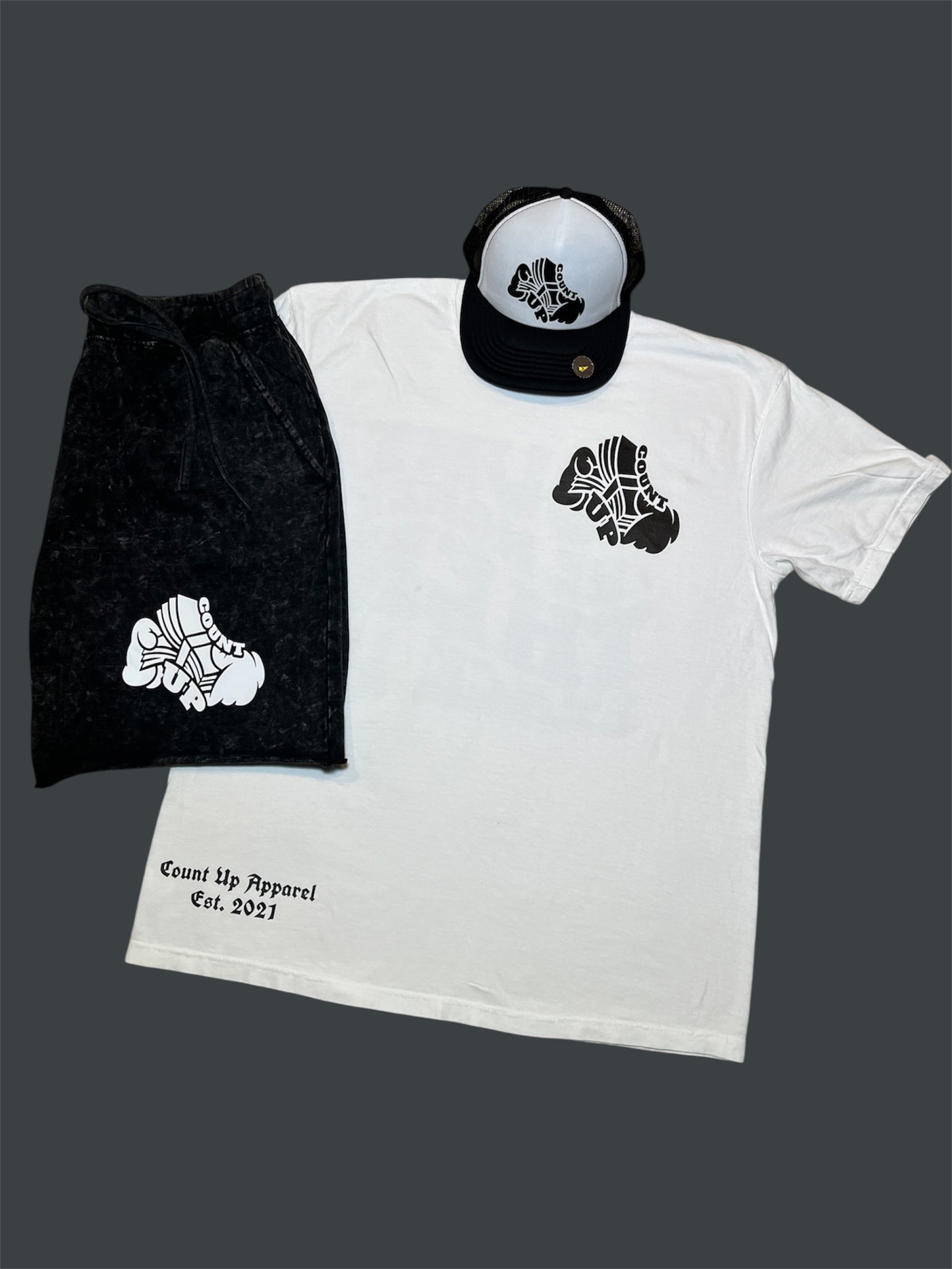 Black/White Acid Wash Short Set/Trucker Hat