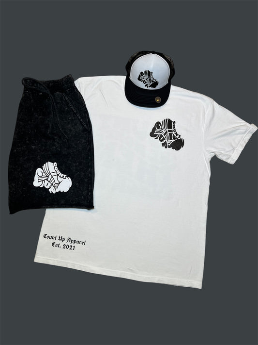 Black/White Acid Wash Short Set/Trucker Hat